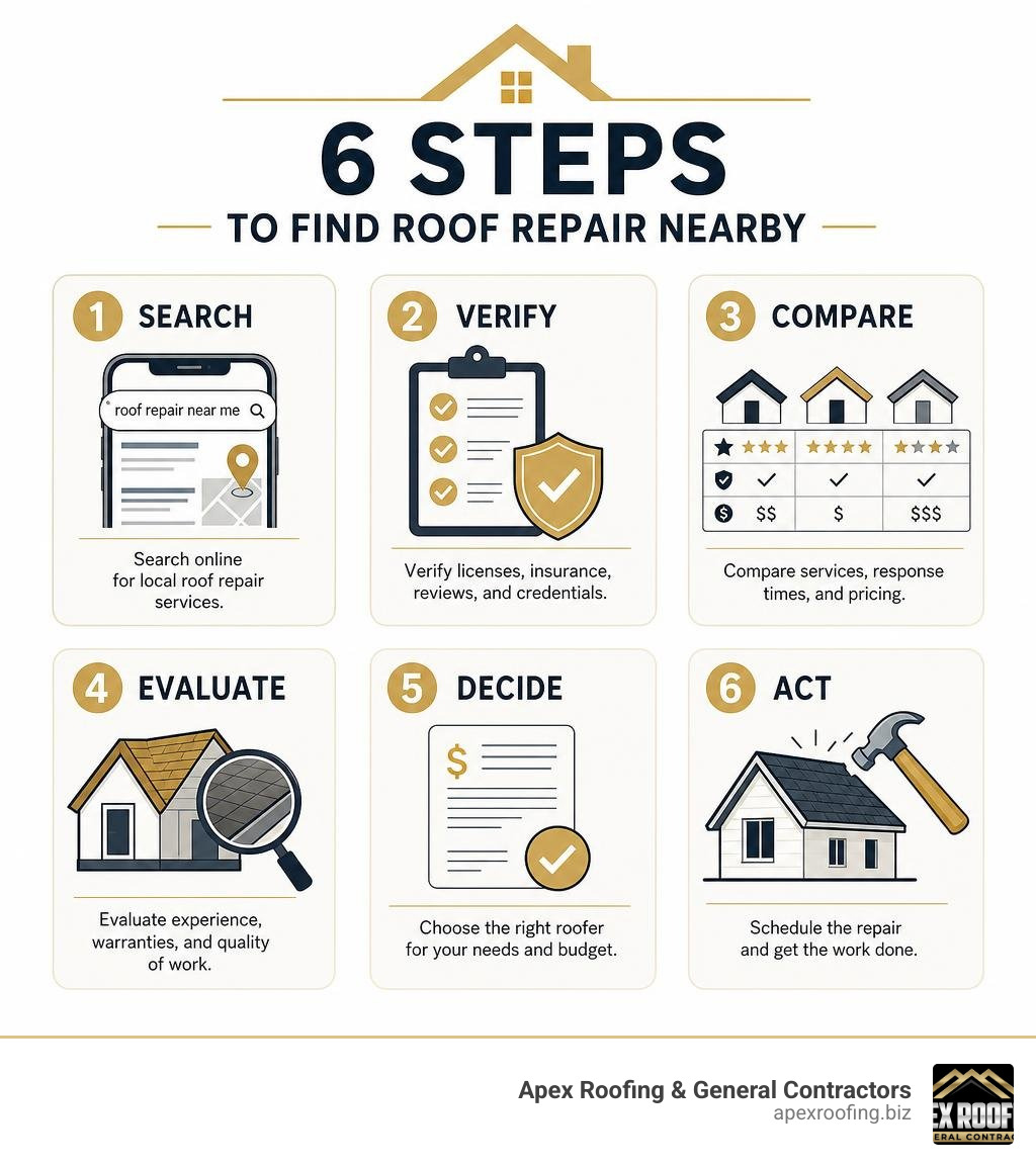 6 steps to find roof repair nearby: search, verify, compare, evaluate, decide, act infographic