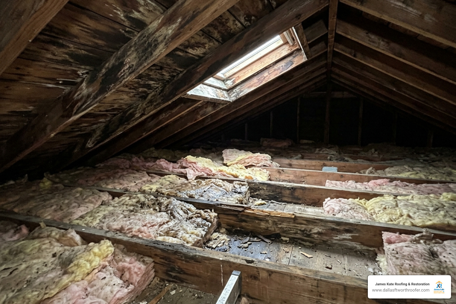 Attic water damage showing dark stains and wood rot from roof leak Attic water damage showing dark stains and wood rot from roof leak