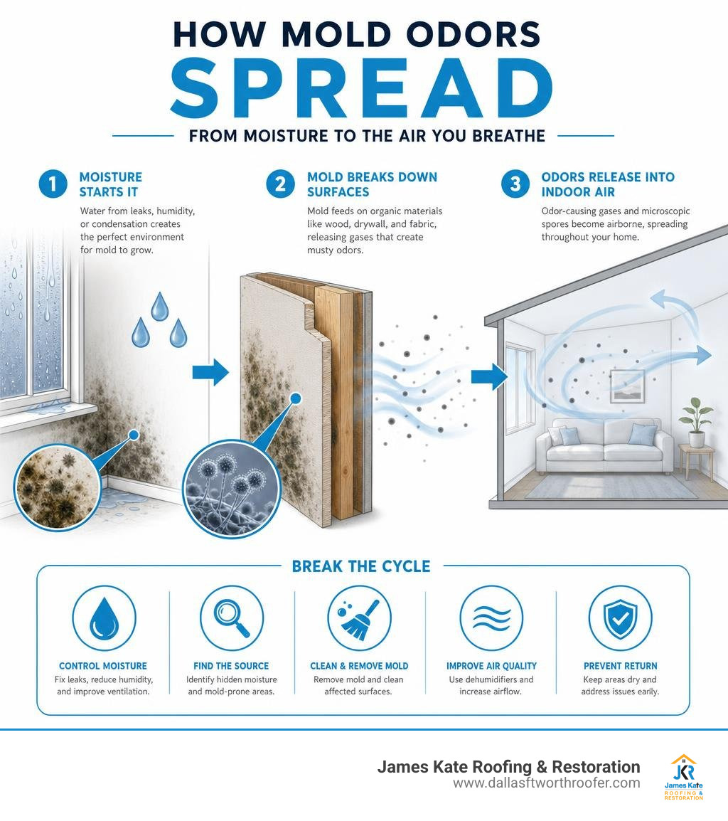 Infographic showing how mold odors spread from moisture sources through surfaces into indoor air infographic Infographic showing how mold odors spread from moisture sources through surfaces into indoor air infographic