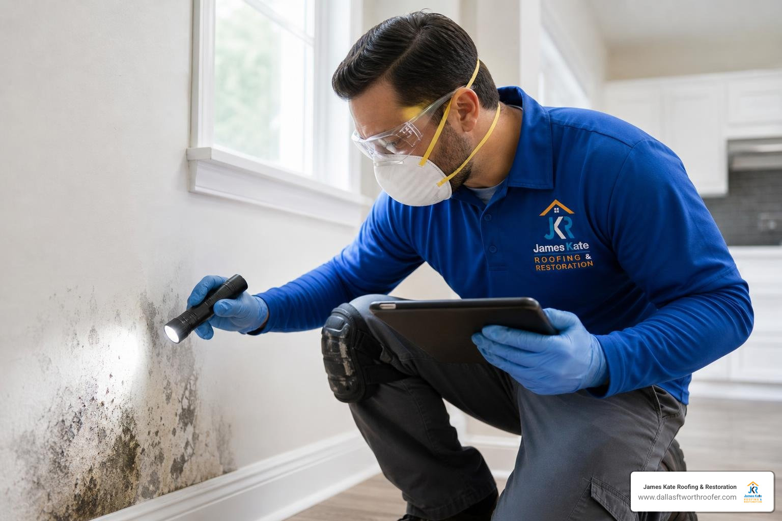 Professional mold technician wearing a royal blue James Kate shirt and protective gear inspecting a wall Professional mold technician wearing a royal blue James Kate shirt and protective gear inspecting a wall