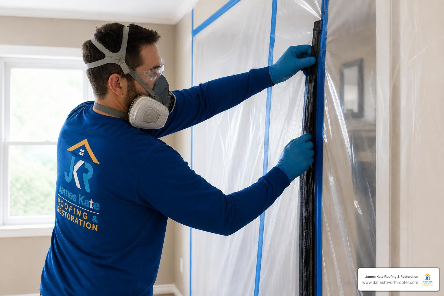 technician in full PPE setting up containment barrier royal blue shirt technician in full PPE setting up containment barrier royal blue shirt