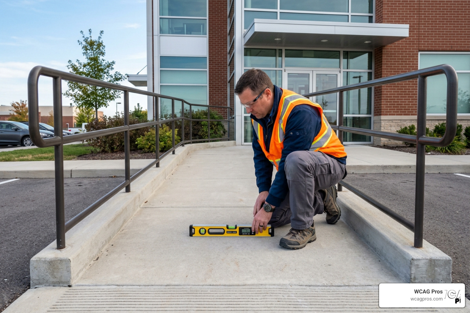 Surveyor measuring ramp slope for ADA compliance Surveyor measuring ramp slope for ADA compliance