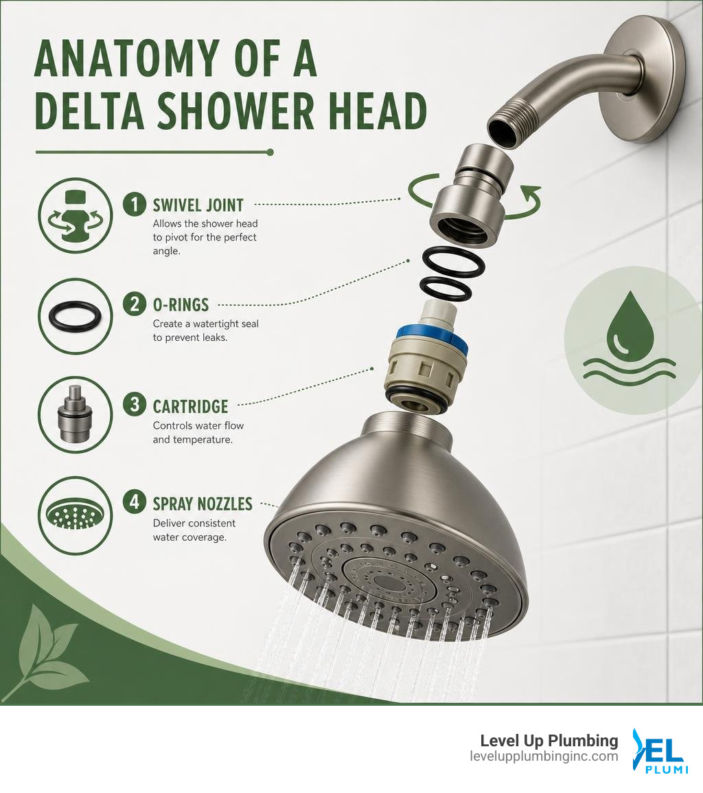 Anatomy of a Delta shower head showing swivel joint, O-rings, cartridge, and spray nozzles infographic Anatomy of a Delta shower head showing swivel joint, O-rings, cartridge, and spray nozzles infographic