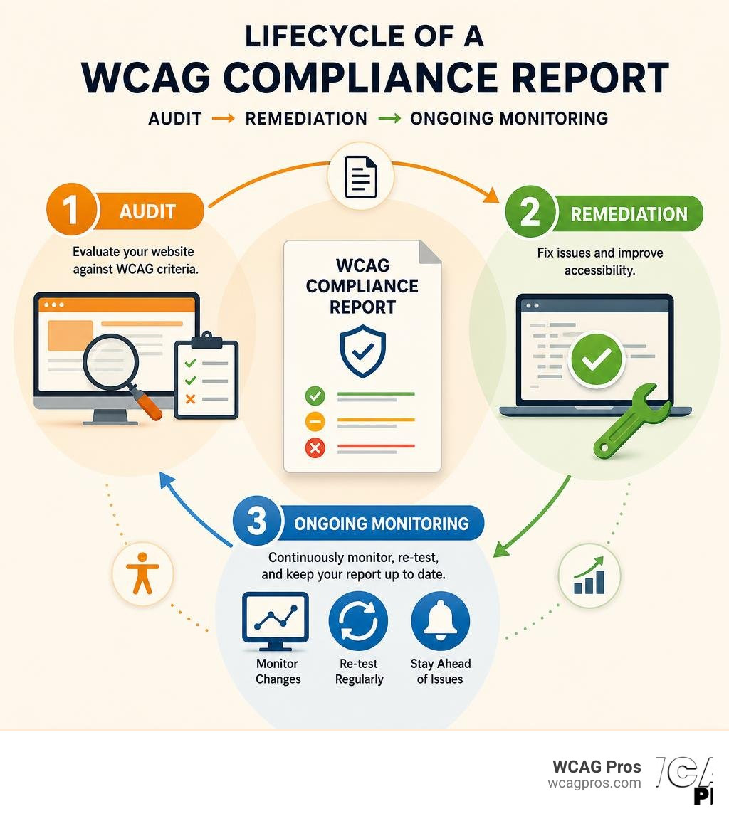 Lifecycle of a WCAG compliance report from audit to remediation to ongoing monitoring infographic Lifecycle of a WCAG compliance report from audit to remediation to ongoing monitoring infographic