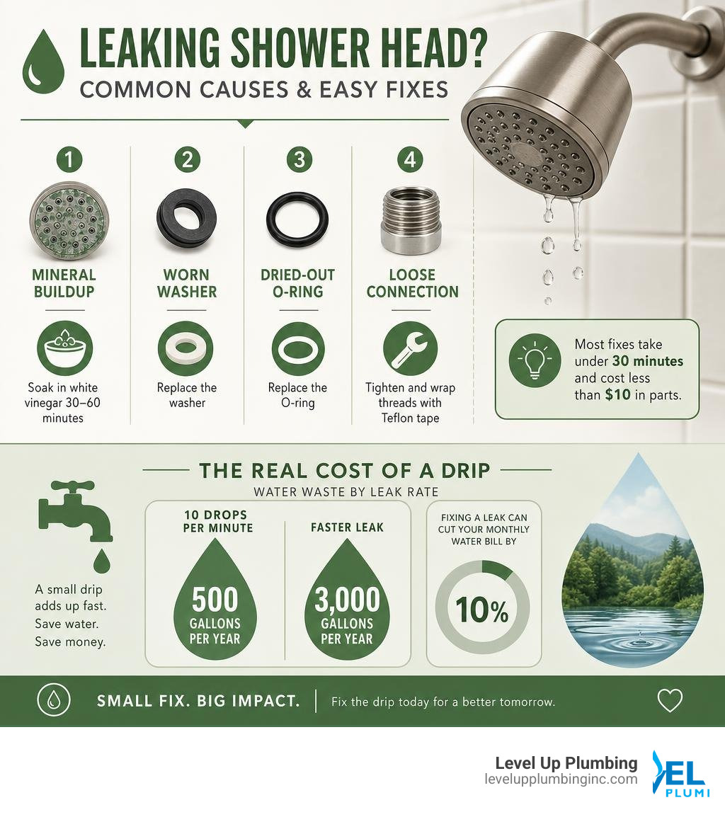 Common causes and fixes for a leaking shower head with water waste statistics infographic Common causes and fixes for a leaking shower head with water waste statistics infographic