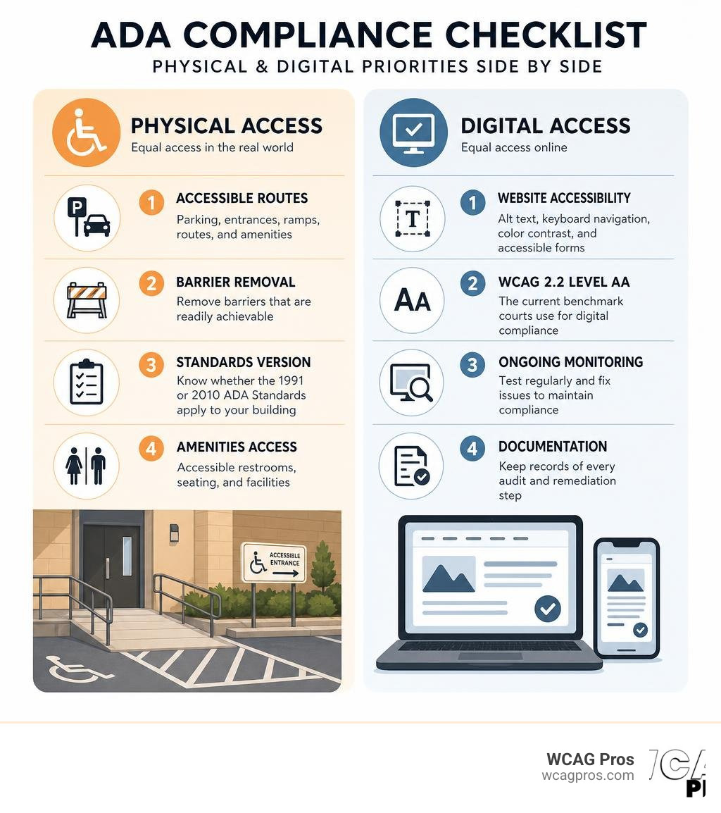 Infographic showing physical and digital ADA compliance checklist priorities side by side infographic Infographic showing physical and digital ADA compliance checklist priorities side by side infographic