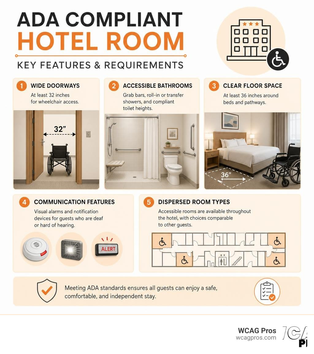 Infographic summarizing ADA compliant hotel room key features and requirements infographic Infographic summarizing ADA compliant hotel room key features and requirements infographic