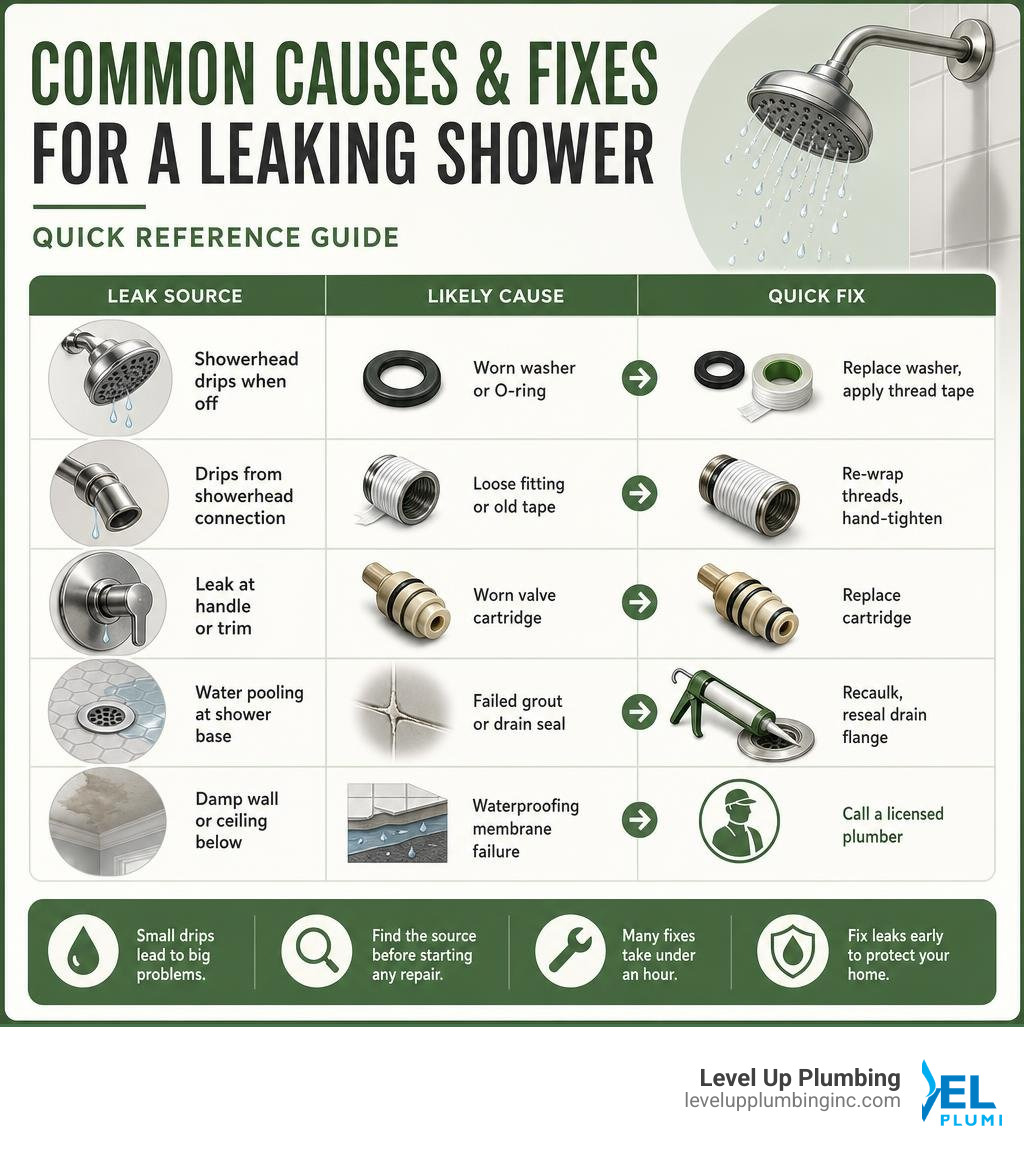 Common causes and fixes for a leaking shower — quick reference infographic infographic