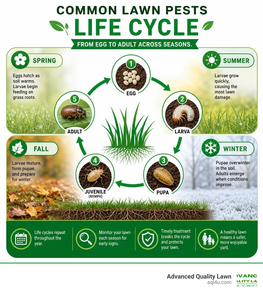 Common lawn pests life cycle from egg to adult across seasons infographic Common lawn pests life cycle from egg to adult across seasons infographic