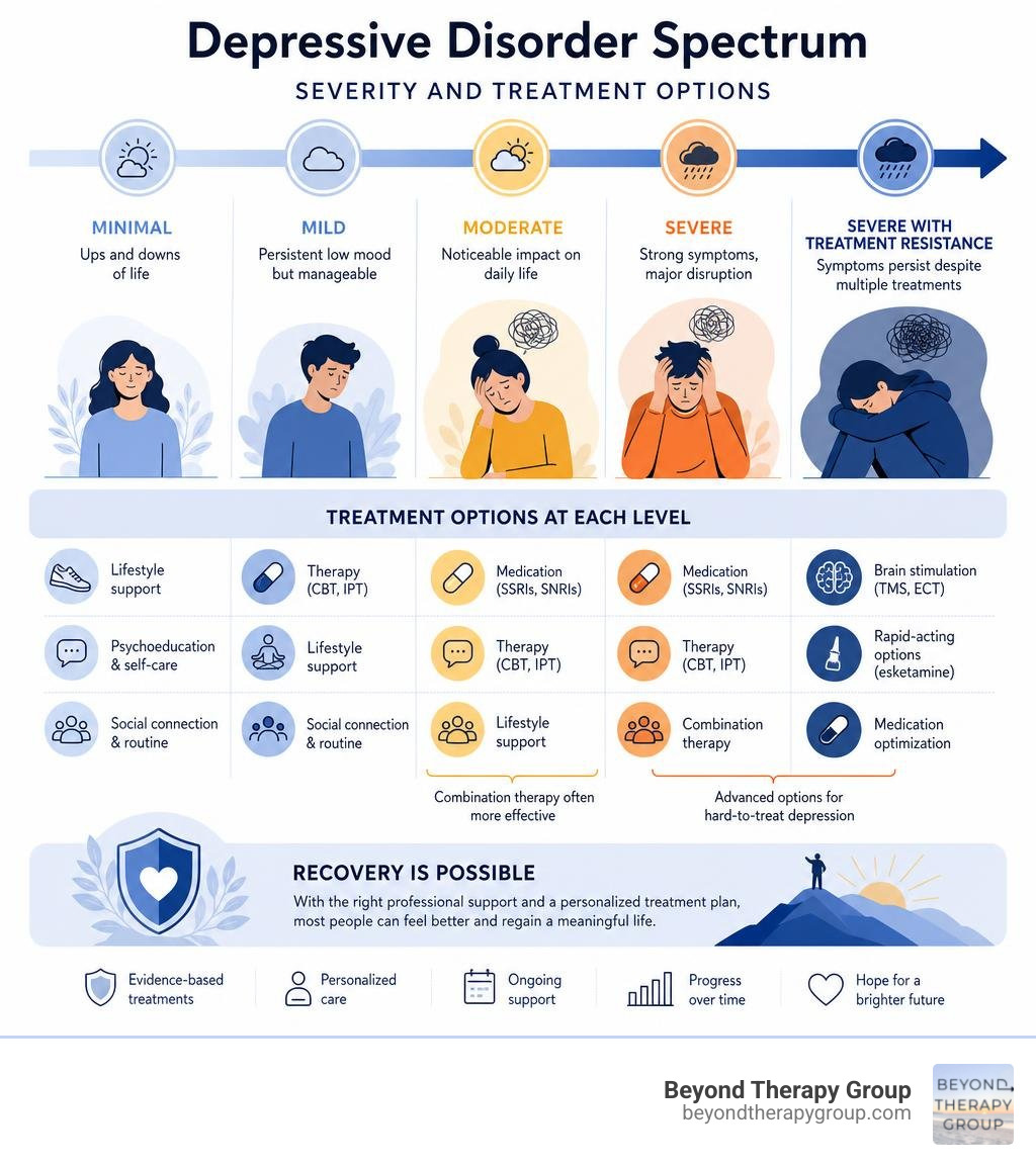 Overview of depressive disorder spectrum from mild to severe with treatment options at each level infographic Overview of depressive disorder spectrum from mild to severe with treatment options at each level infographic