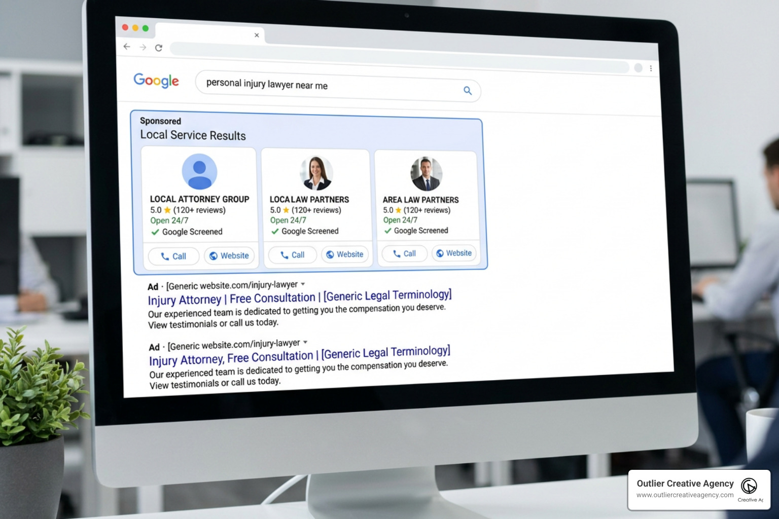Google Search results showing the difference between LSA and traditional search ads