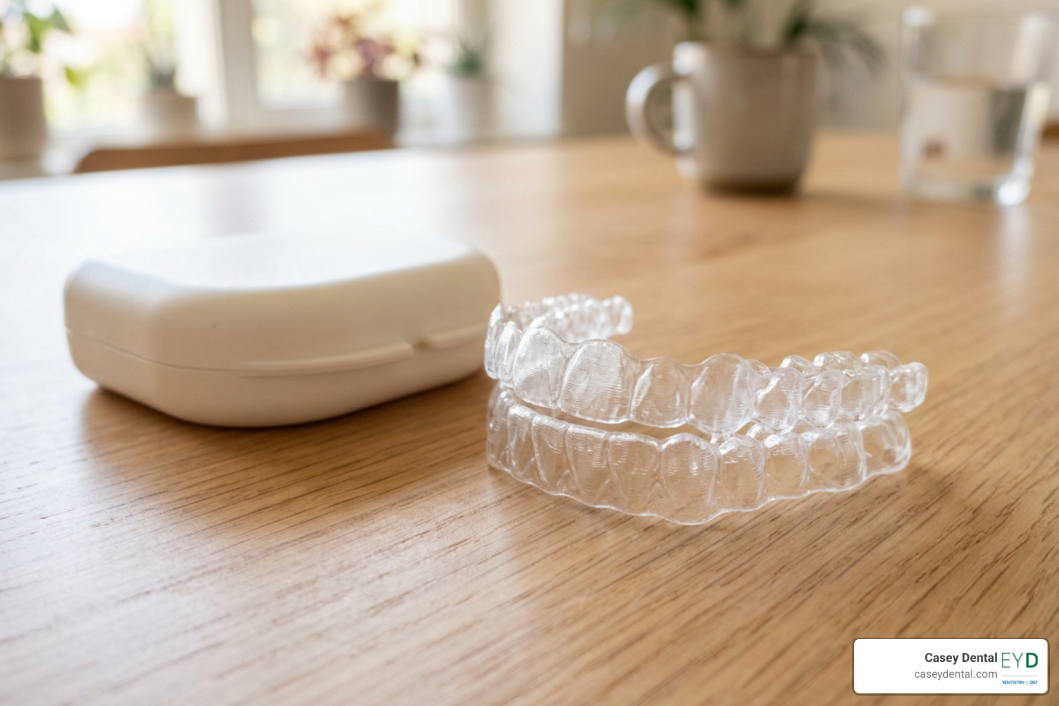 Discreet clear aligners resting on a clean table surface