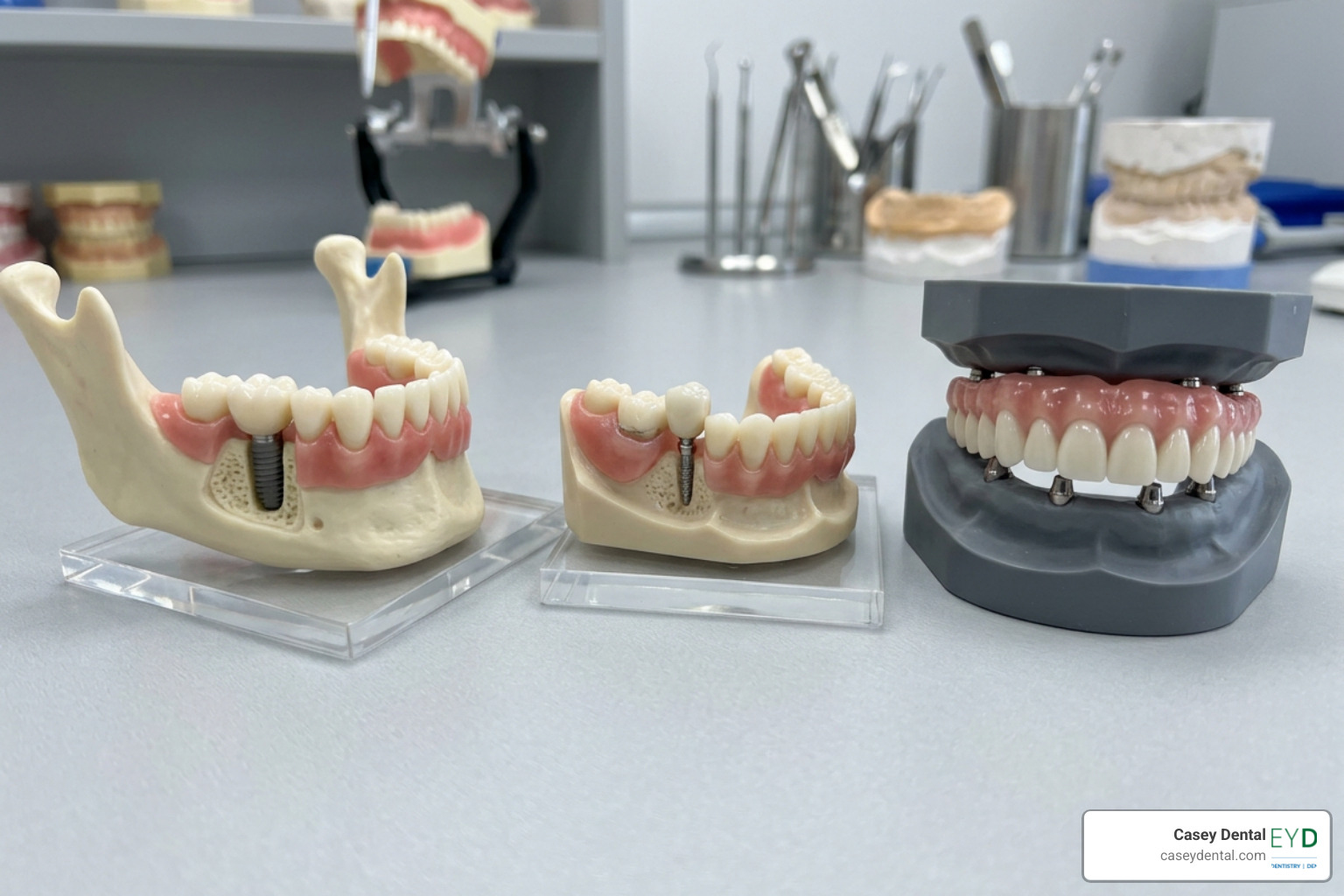dental implant models showing traditional, mini, and full-arch options