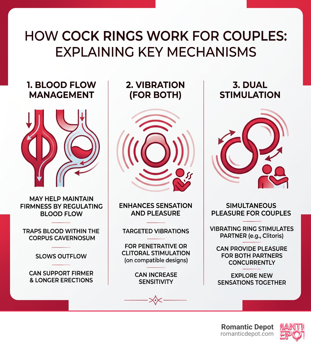 How cock rings work for couples: blood flow, vibration, and dual stimulation explained infographic