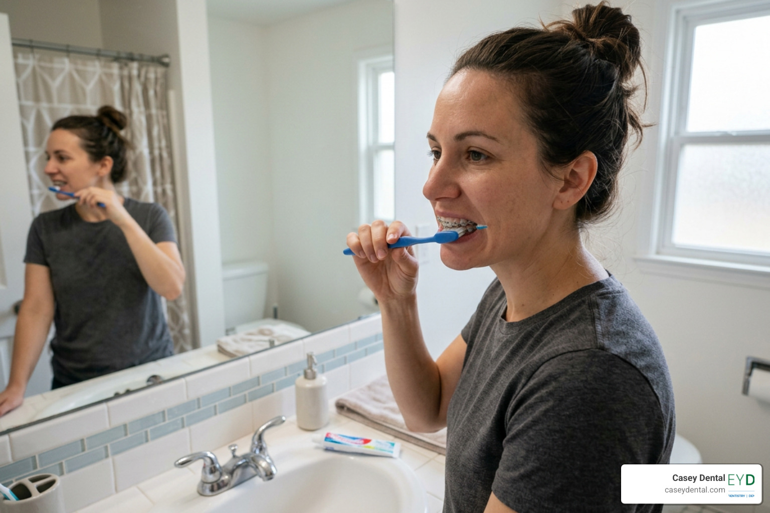 an adult brushing teeth with braces carefully