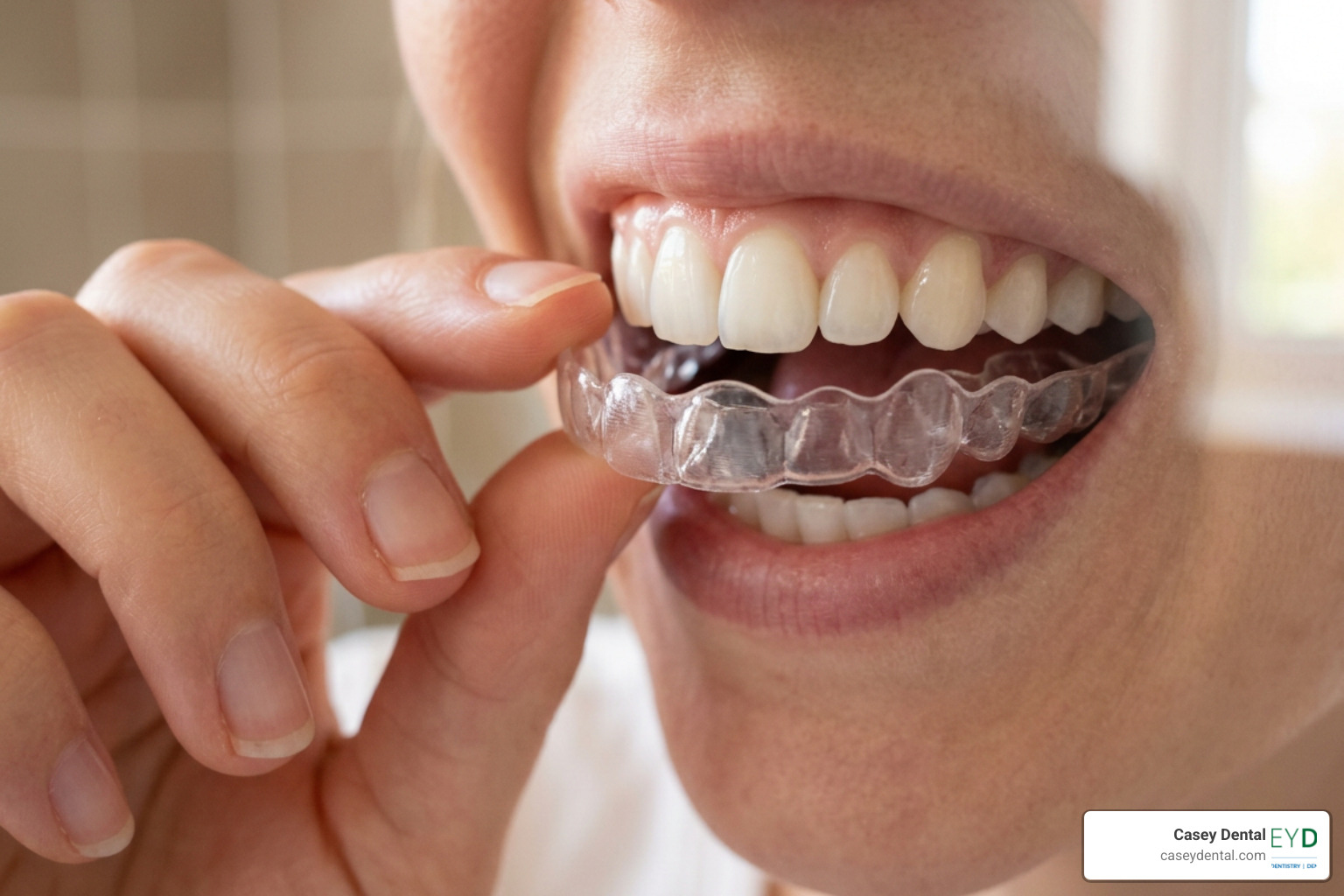 clear aligners being placed on clean white teeth