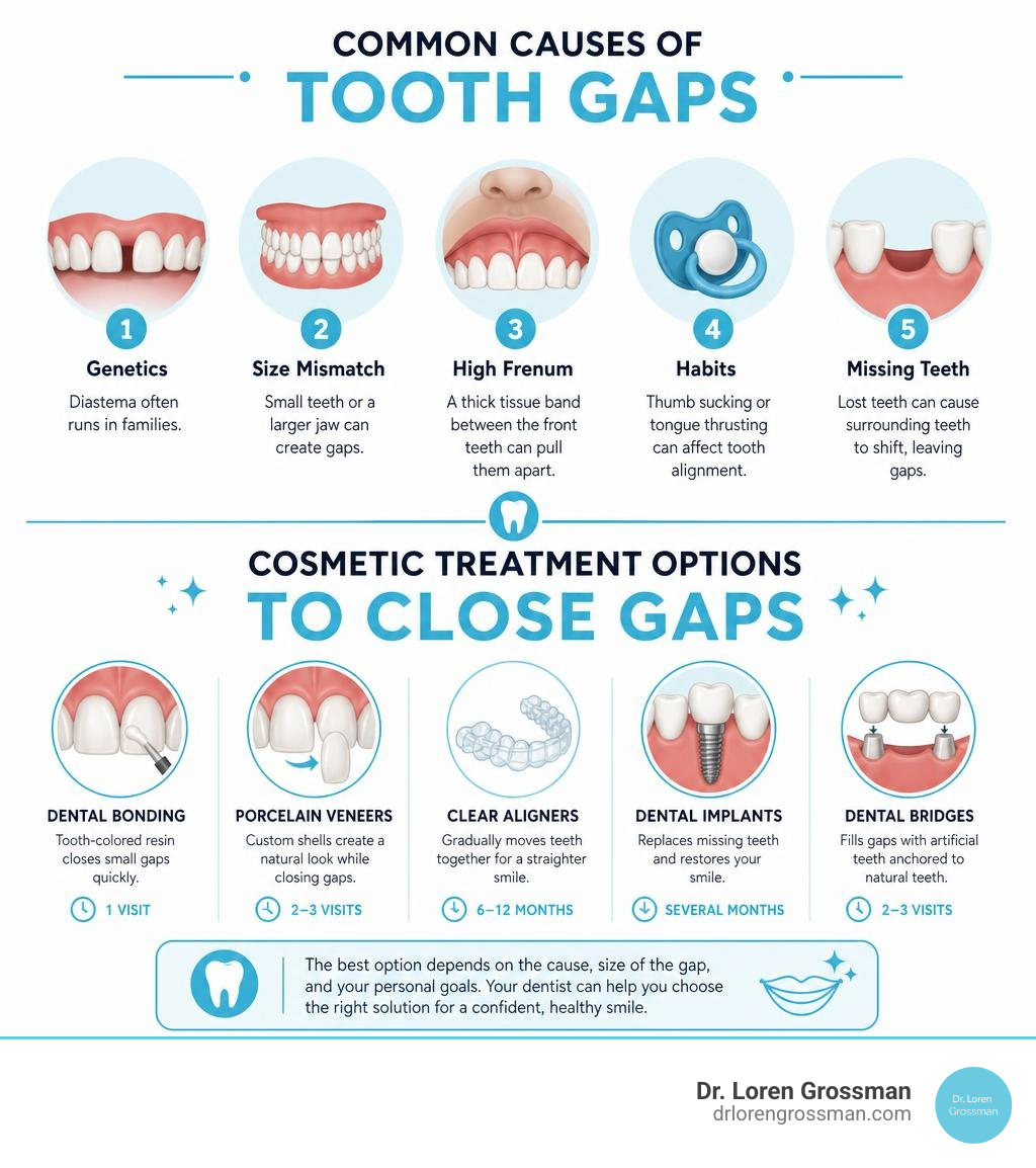 Common causes of tooth gaps and cosmetic treatment options infographic infographic