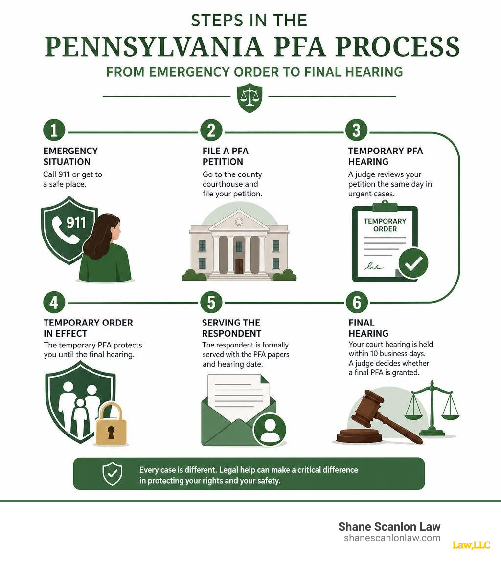 Steps in the Pennsylvania PFA process from emergency order to final hearing infographic Steps in the Pennsylvania PFA process from emergency order to final hearing infographic