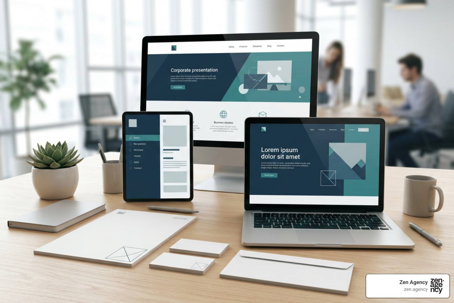 cohesive corporate brand identity system displayed on stationery and digital screens cohesive corporate brand identity system displayed on stationery and digital screens