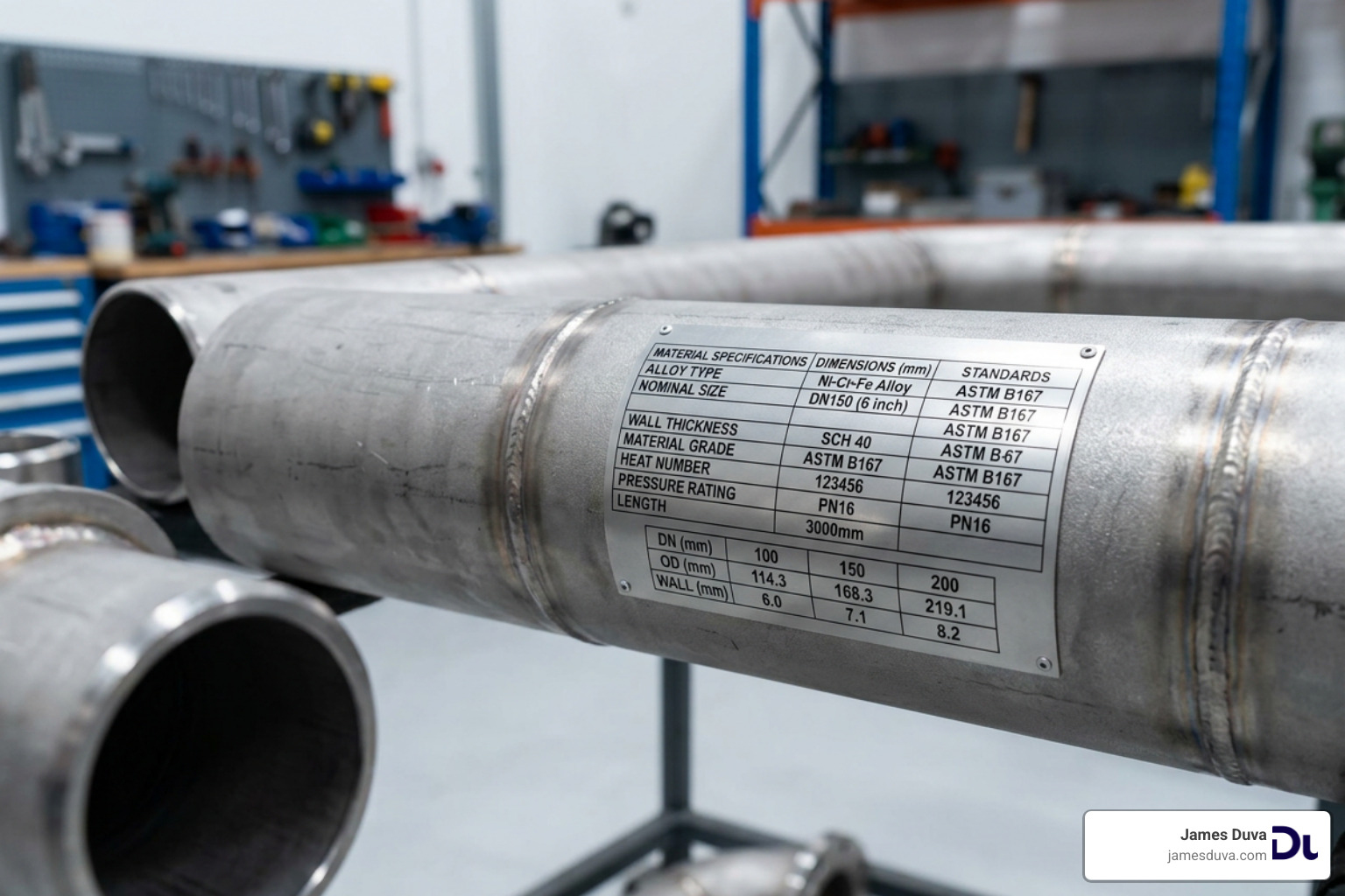 Nickel 200 pipe specifications chart showing dimensions and standards