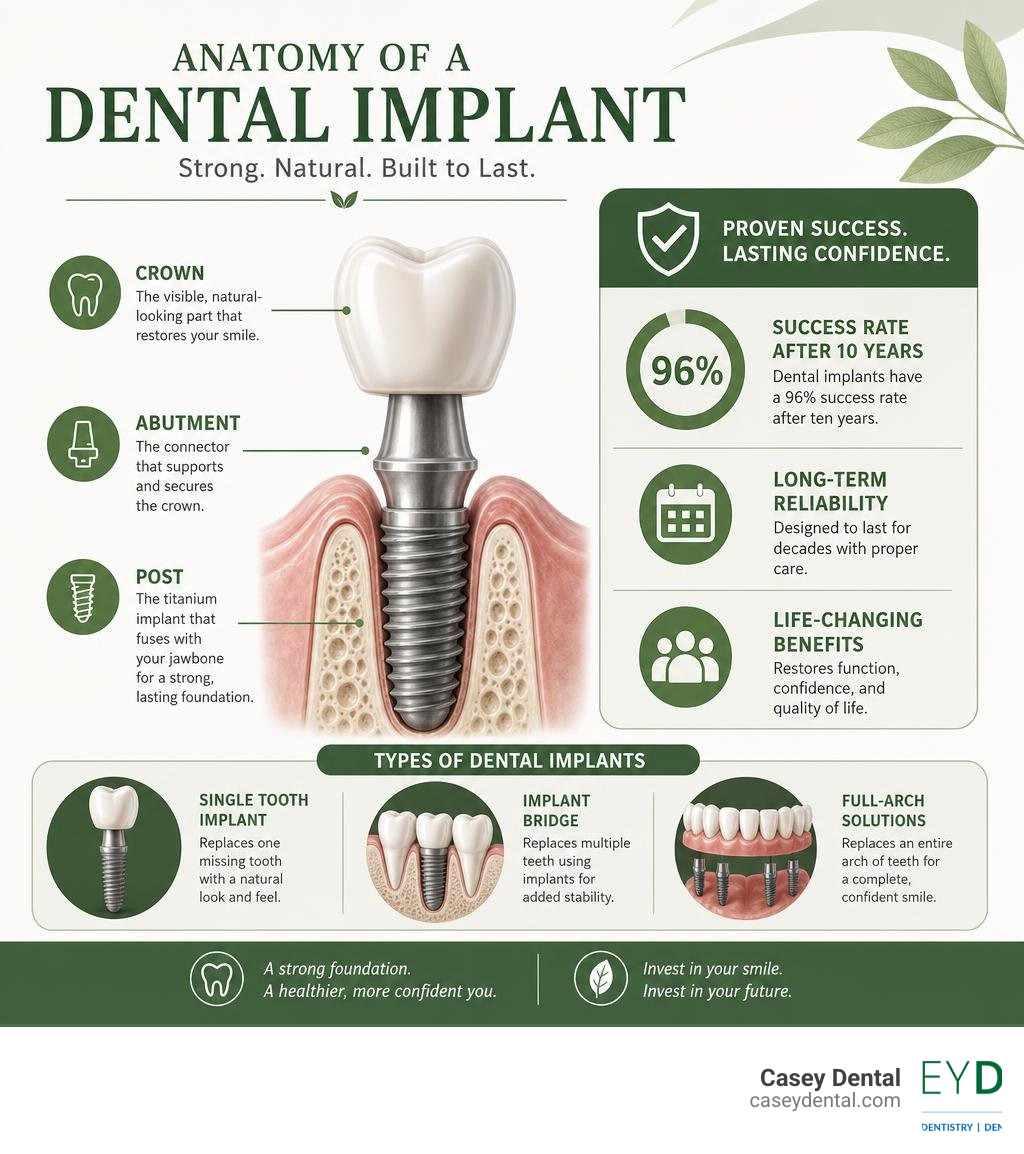 Anatomy of a dental implant showing post, abutment, and crown with key stats on success rates and types infographic