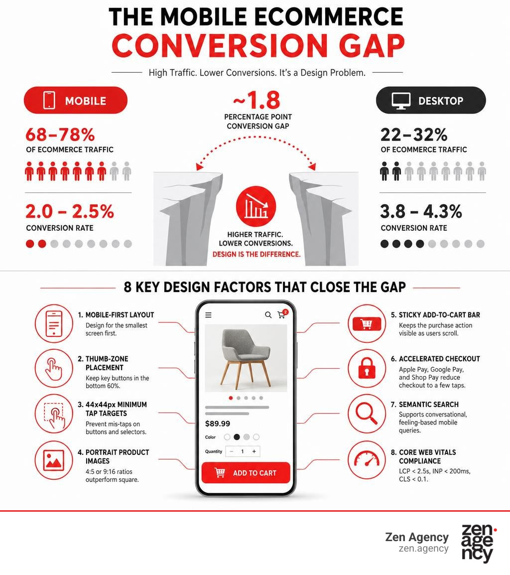 Mobile ecommerce conversion gap infographic showing traffic vs conversion rates and key design factors infographic Mobile ecommerce conversion gap infographic showing traffic vs conversion rates and key design factors infographic