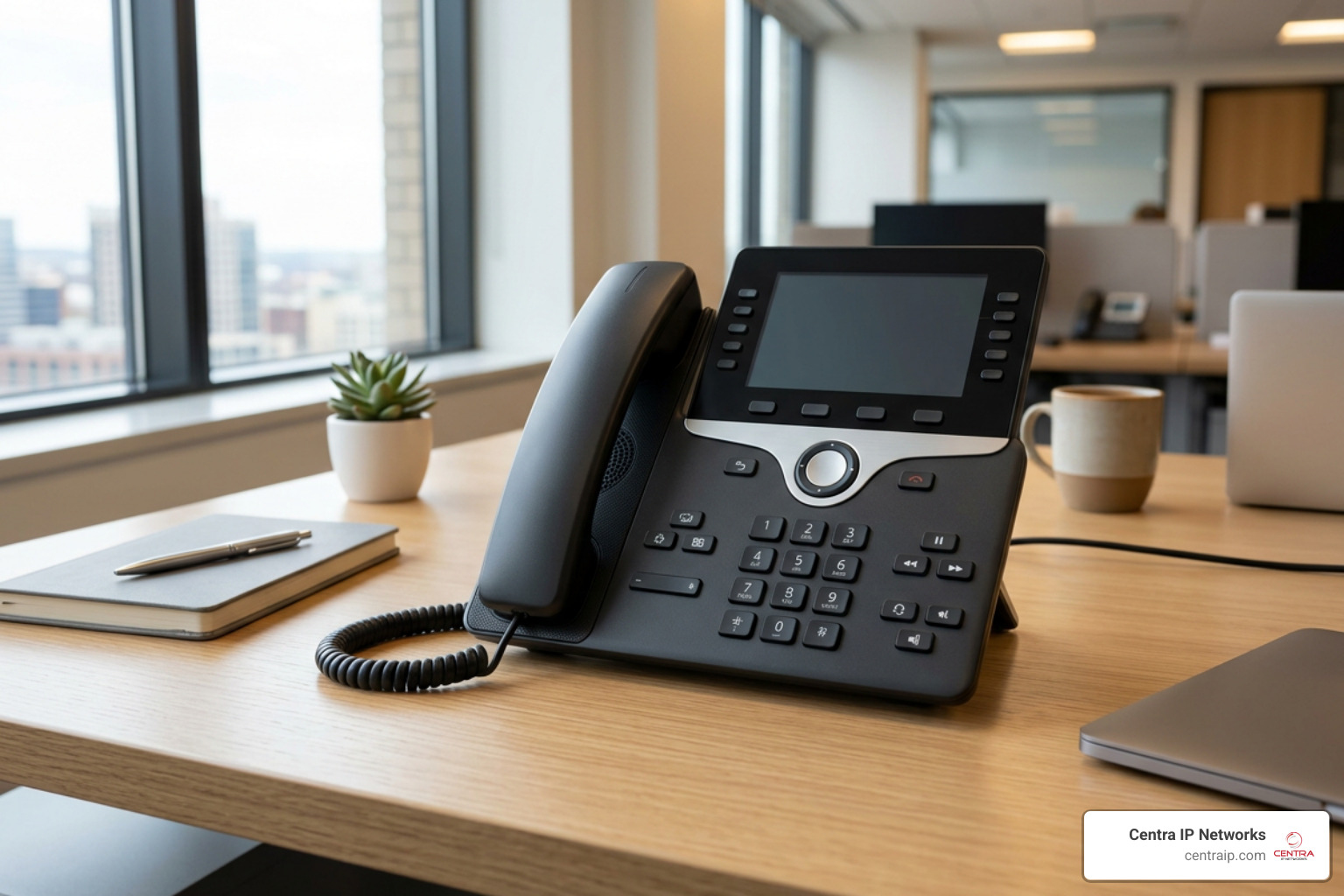 Plug-and-play VoIP desk phone on an office desk Plug-and-play VoIP desk phone on an office desk