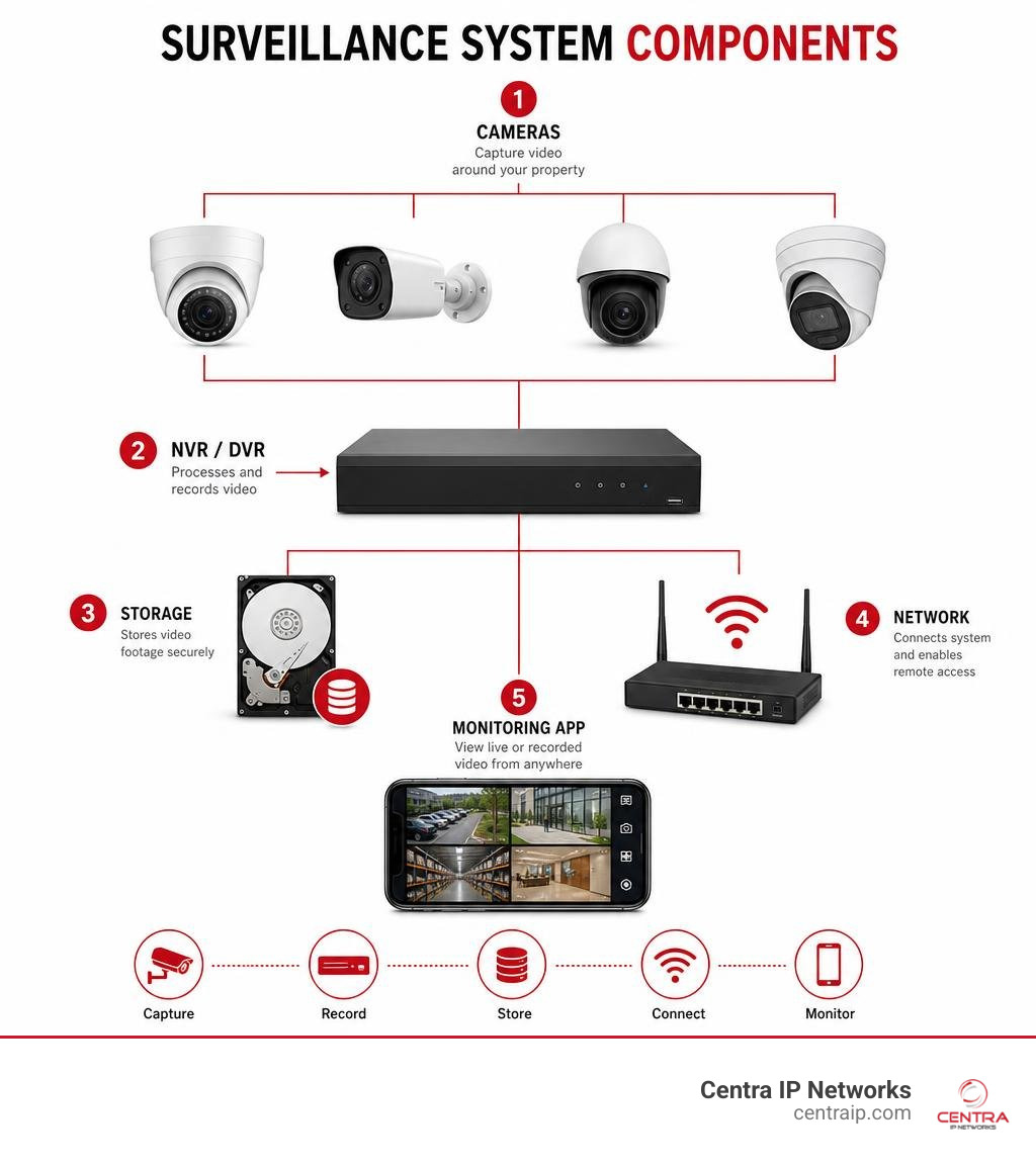 Surveillance system components infographic: cameras, NVR/DVR, storage, network, and monitoring app infographic Surveillance system components infographic: cameras, NVR/DVR, storage, network, and monitoring app infographic