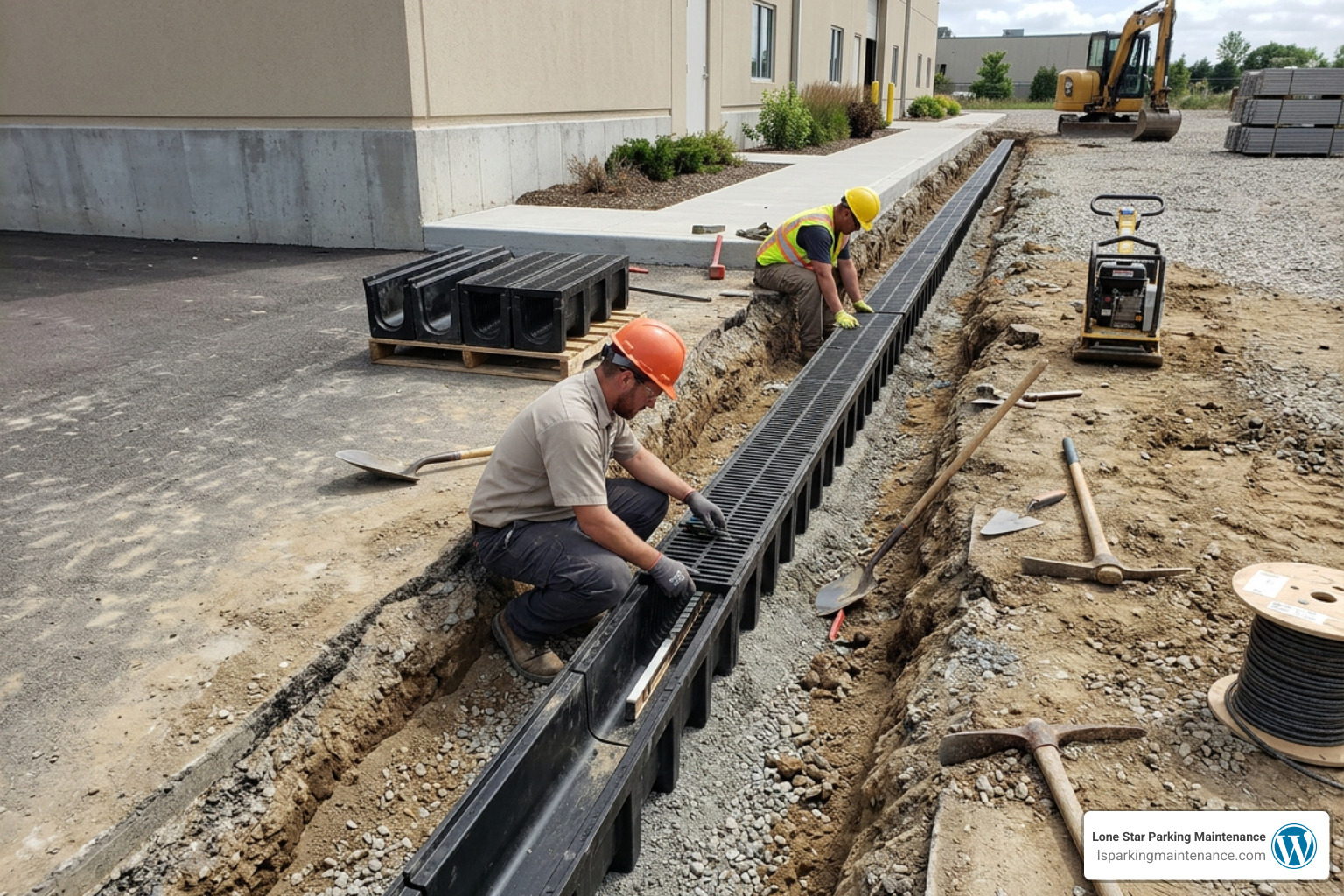 Pouring concrete around the trench drain channel