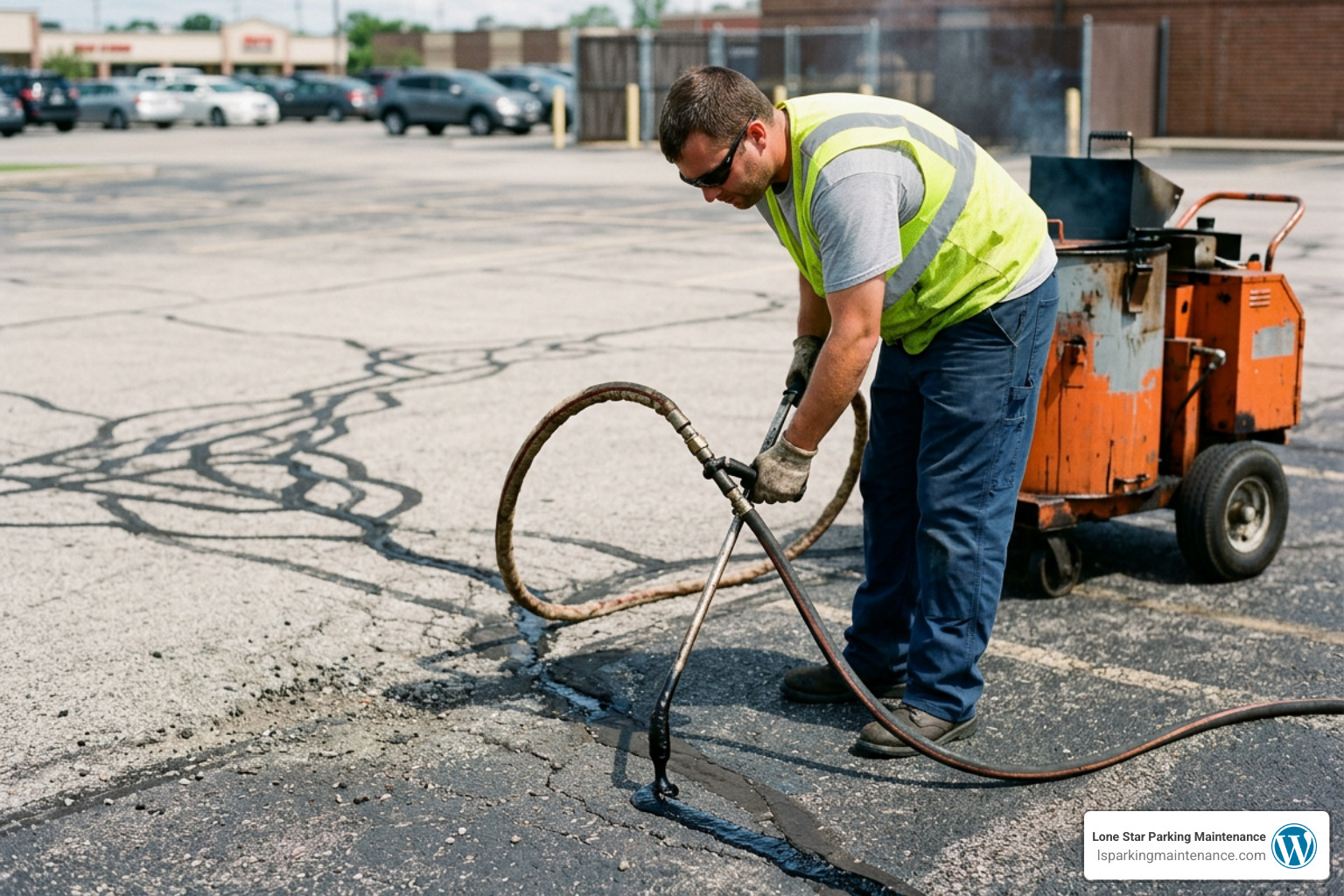 Image of a worker applying hot-pour crack filler to blacktop Image of a worker applying hot-pour crack filler to blacktop