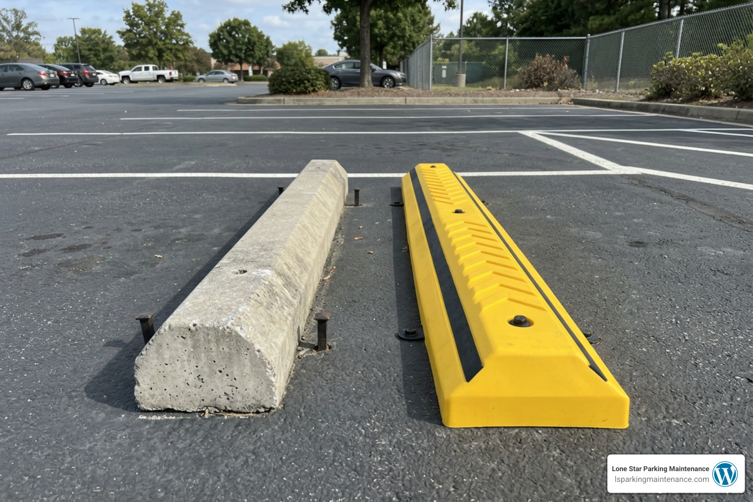 Image comparing a traditional precast concrete wheel stop with a modern high-contrast recycled rubber wheel stop