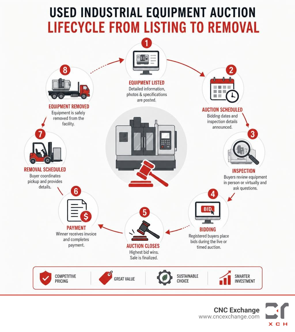 Used industrial equipment auction lifecycle from listing to equipment removal infographic