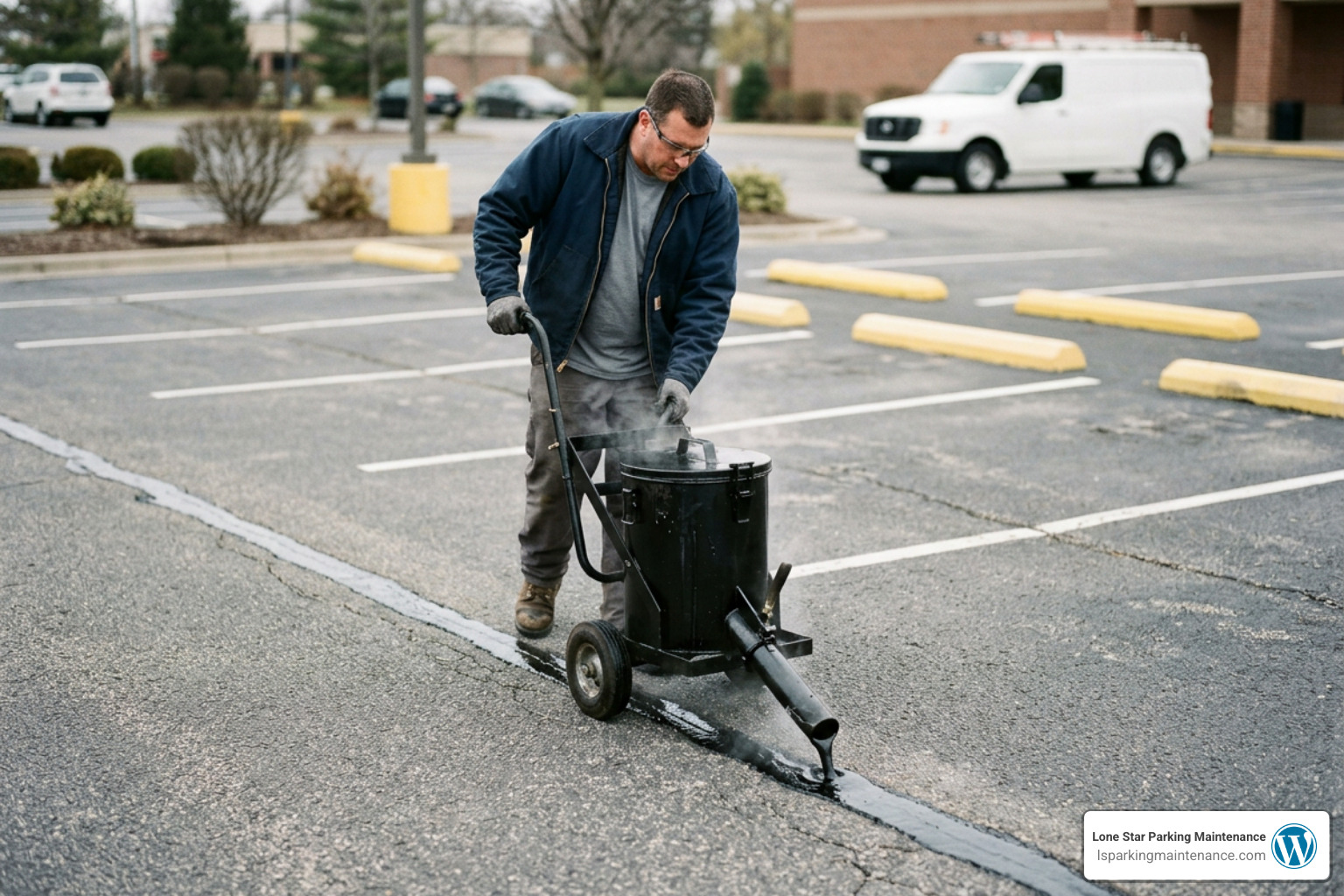 Professional worker applying hot rubberized crack filler to a clean asphalt joint Professional worker applying hot rubberized crack filler to a clean asphalt joint