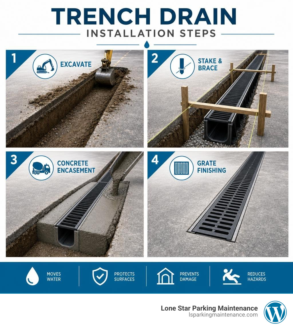 Trench drain installation steps: excavation, staking, concrete encasement, and grate finishing infographic