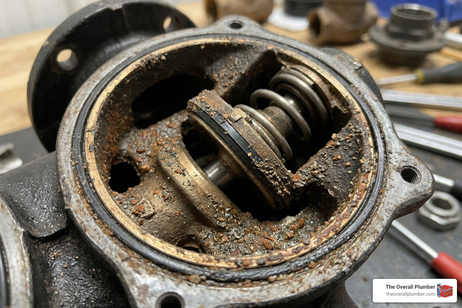 Debris buildup inside a backflow preventer check valve chamber Debris buildup inside a backflow preventer check valve chamber