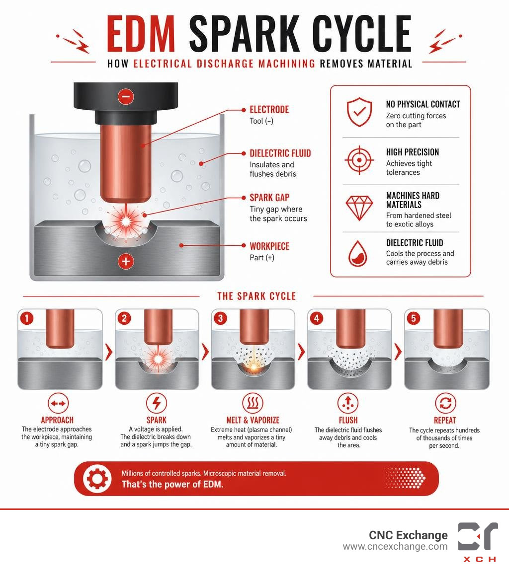 EDM spark cycle infographic showing electrode, spark gap, dielectric fluid, and material removal steps infographic