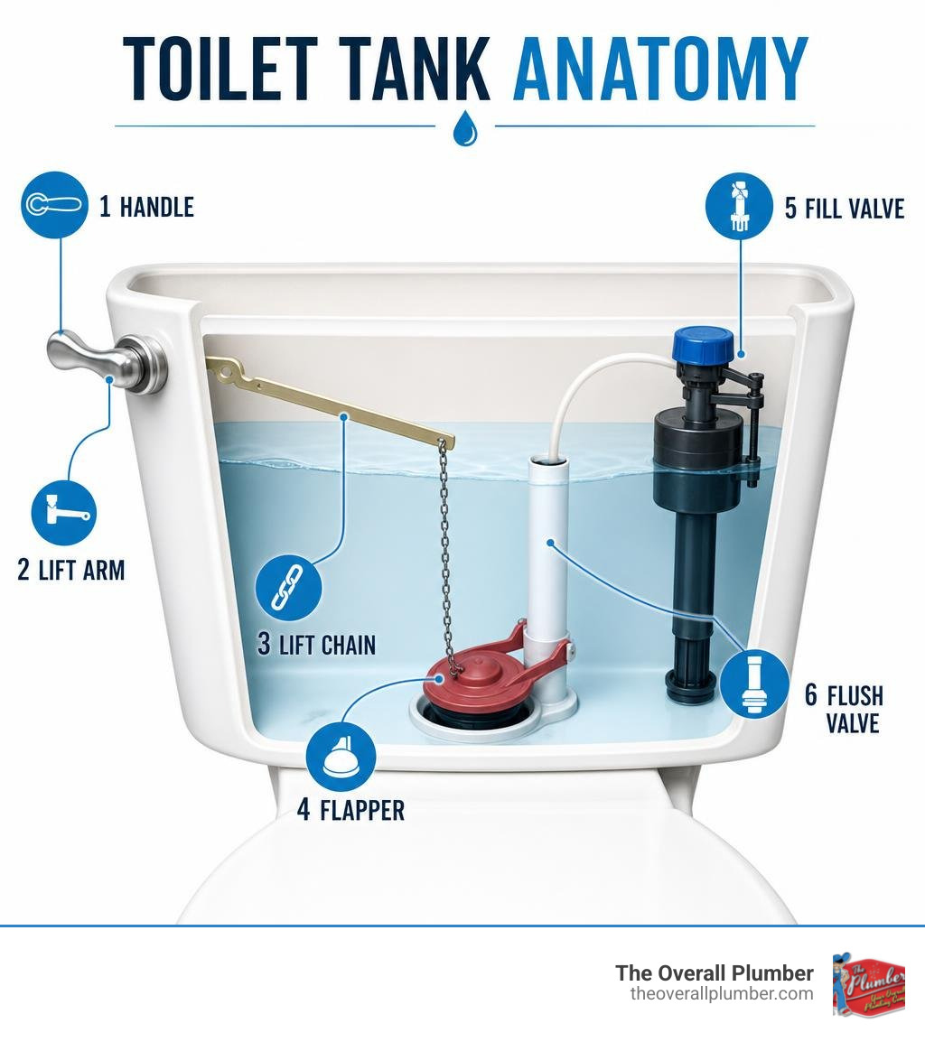Toilet tank anatomy infographic showing handle, lift arm, lift chain, flapper, fill valve, and flush valve infographic Toilet tank anatomy infographic showing handle, lift arm, lift chain, flapper, fill valve, and flush valve infographic