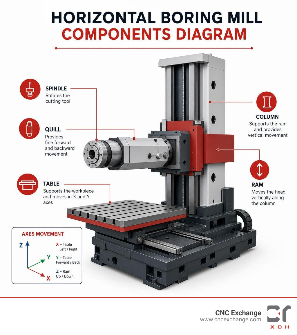 Horizontal boring mill components diagram showing spindle, quill, table, column, and RAM with axes infographic Horizontal boring mill components diagram showing spindle, quill, table, column, and RAM with axes infographic