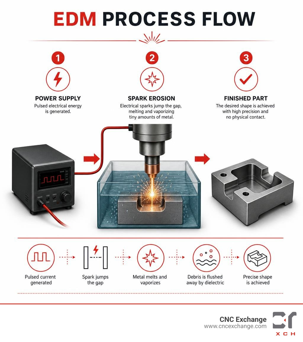 EDM process flow from power supply to spark erosion to finished part infographic EDM process flow from power supply to spark erosion to finished part infographic