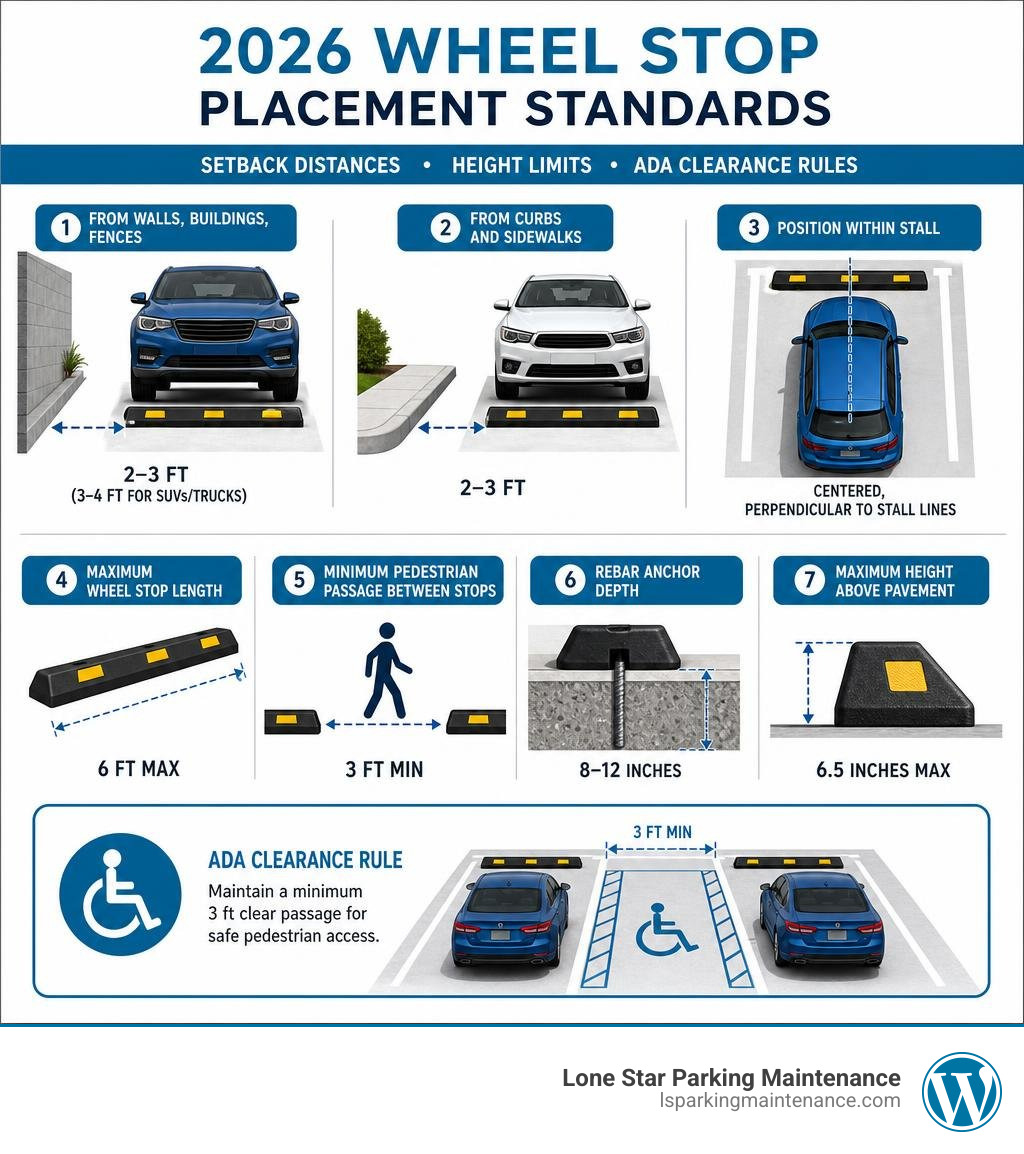 2026 wheel stop placement standards including setback distances, height limits, and ADA clearance rules infographic