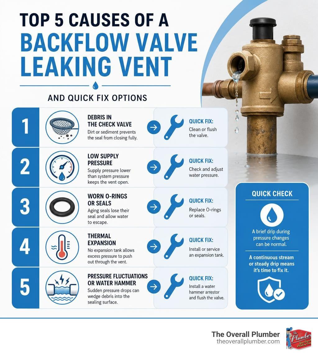Infographic showing top 5 causes of a backflow valve leaking vent and quick fix options infographic Infographic showing top 5 causes of a backflow valve leaking vent and quick fix options infographic