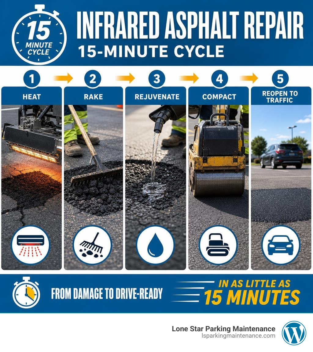 Infrared asphalt repair 15-minute cycle: heat, rake, rejuvenate, compact, reopen to traffic infographic Infrared asphalt repair 15-minute cycle: heat, rake, rejuvenate, compact, reopen to traffic infographic