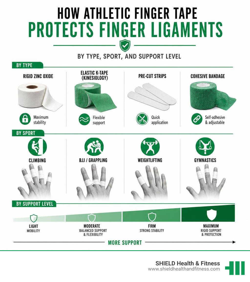 Infographic showing how athletic finger tape protects finger ligaments by type, sport, and support level infographic Infographic showing how athletic finger tape protects finger ligaments by type, sport, and support level infographic