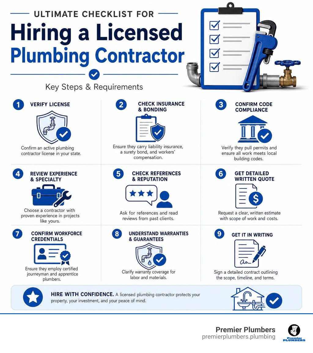 checklist infographic for hiring a licensed plumbing contractor with key steps and requirements infographic