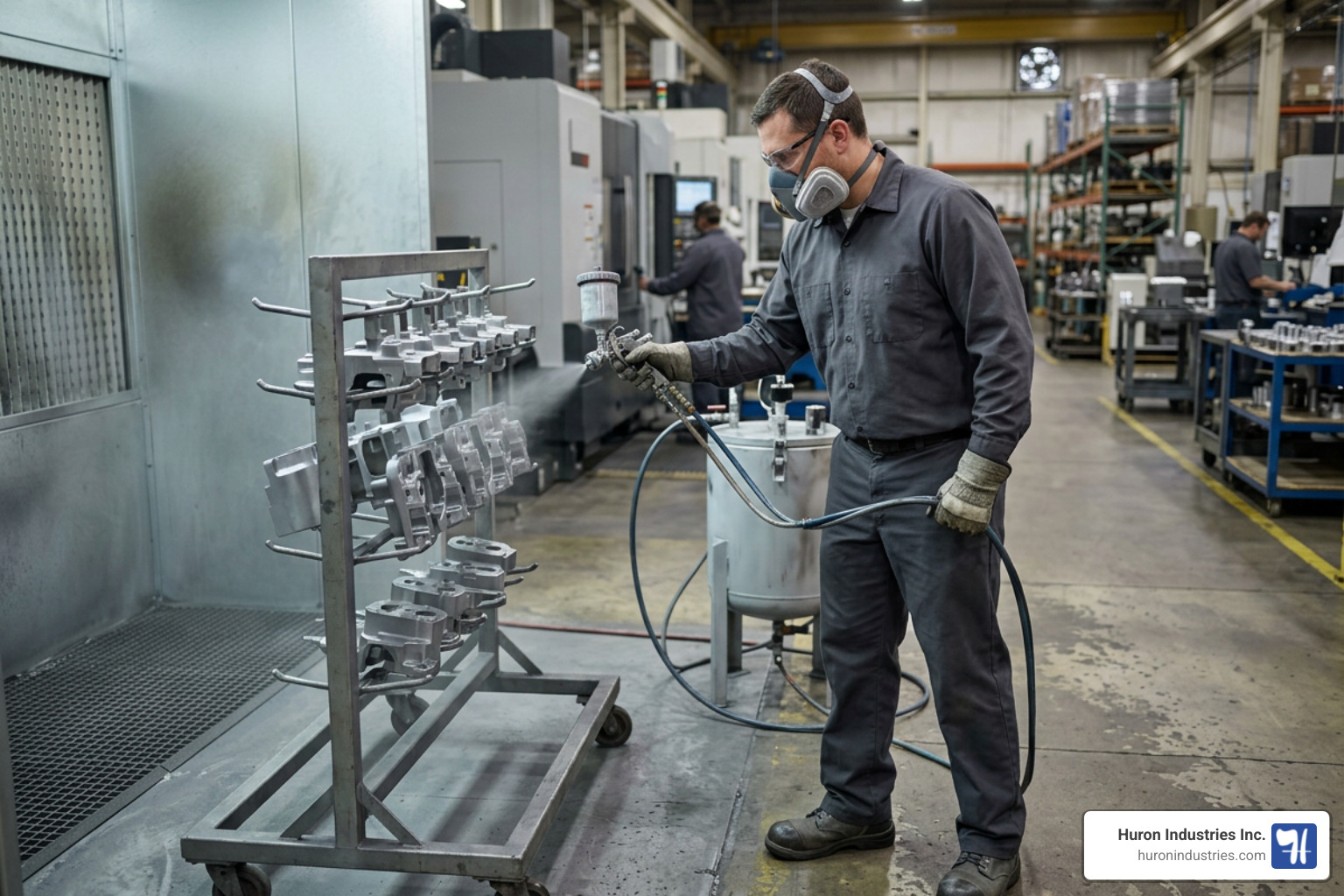 An industrial technician applying a dry film lubricant coating using a precision spray gun