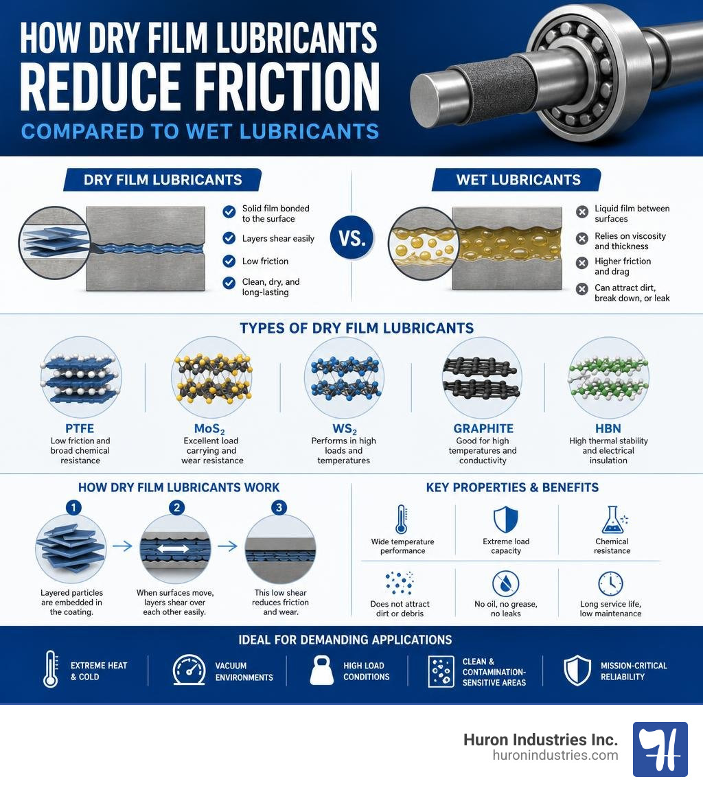 How dry film lubricants reduce friction compared to wet lubricants — types, mechanisms, and key properties infographic