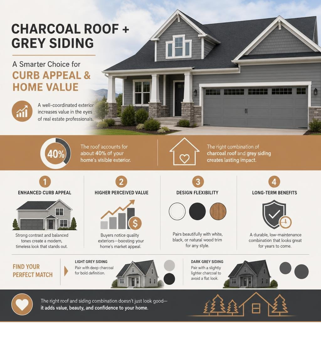Infographic showing how charcoal roof and grey siding coordination impacts curb appeal and home value infographic Infographic showing how charcoal roof and grey siding coordination impacts curb appeal and home value infographic
