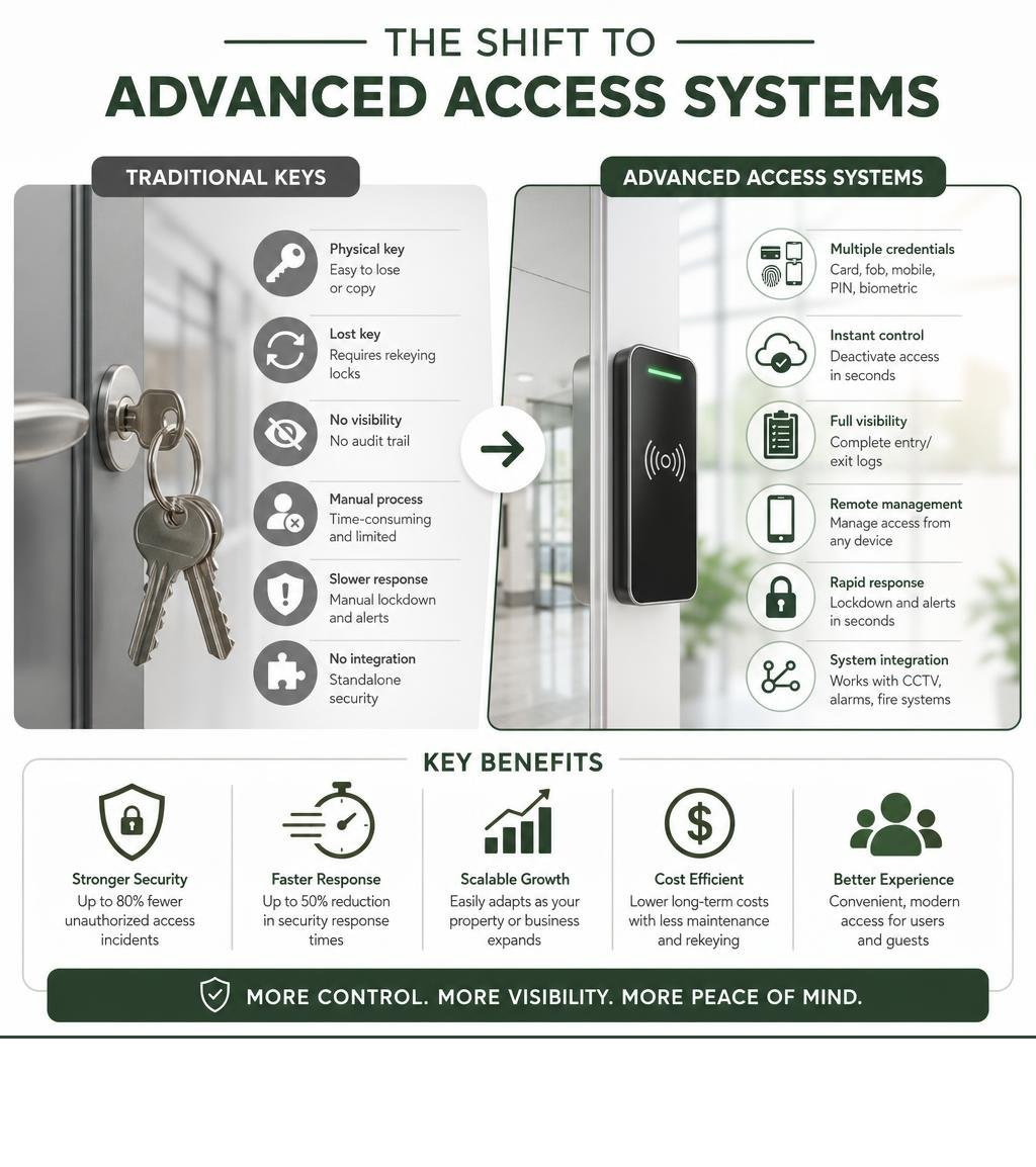 Infographic showing shift from traditional keys to advanced access control systems with key benefits infographic