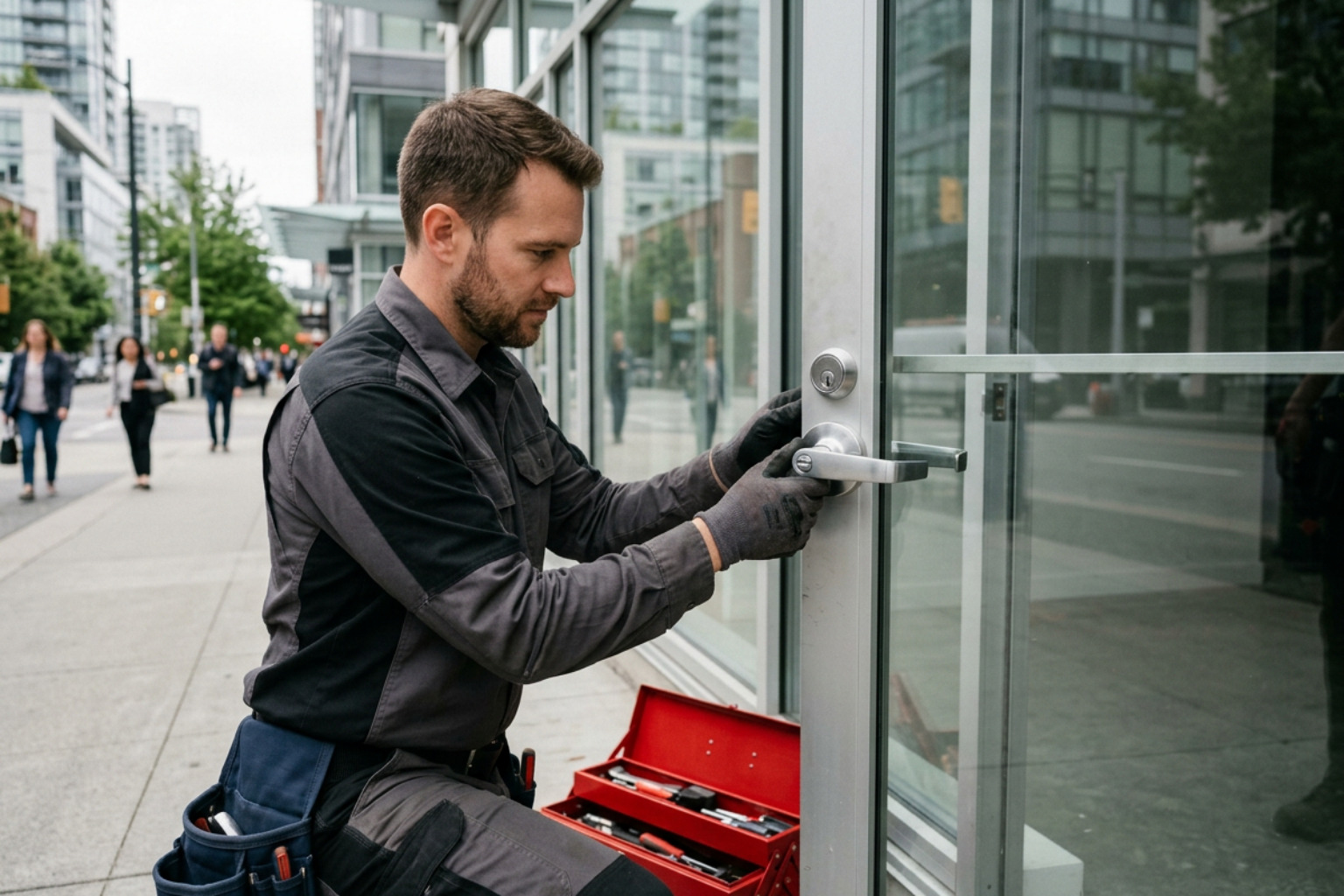 Professional locksmith installing commercial grade lock on a glass storefront door