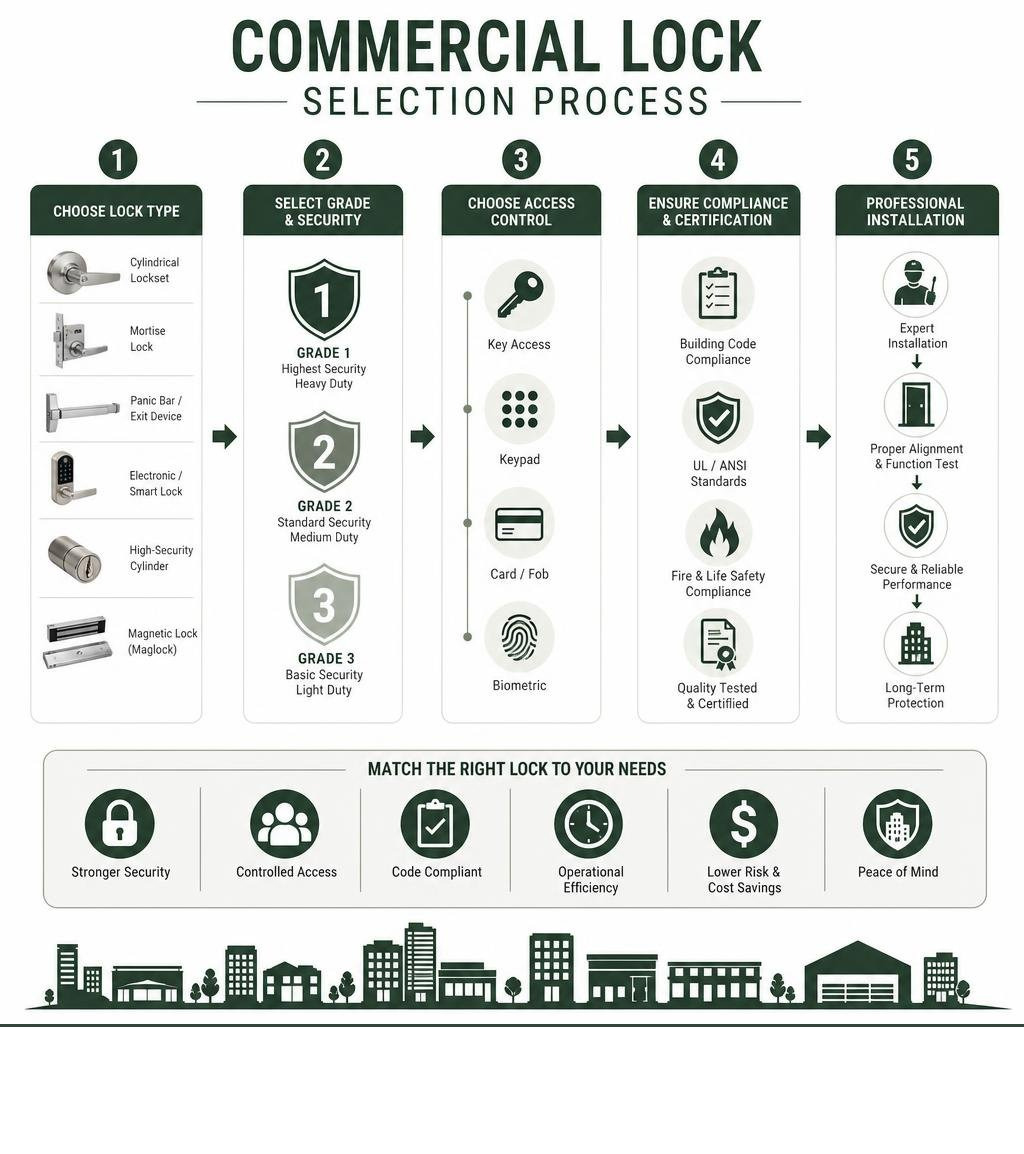 Commercial lock selection process: lock types, grades, access control, compliance, and installation steps infographic